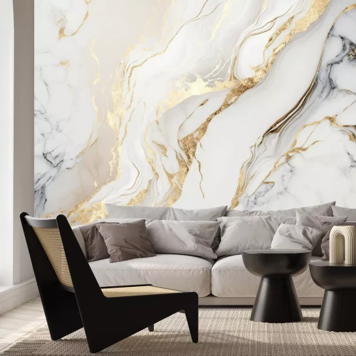 Papier peint  Marbre blanc avec ornements dorés