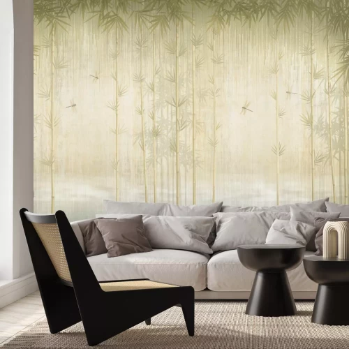Papier peint  Libellules parmi les branches de bambou, motif botanique délicat
