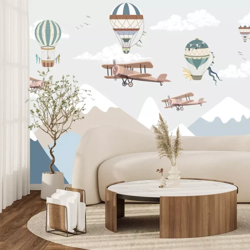 Papier peint  Ballons au-dessus d’un paysage de montagne féerique