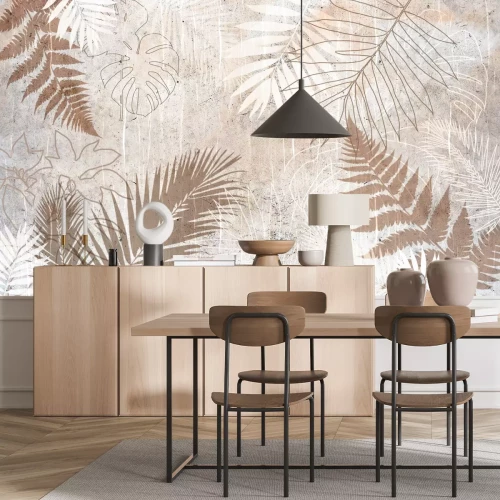 Papier peint  Feuilles de monstera, palmier et fougère sur fond texturé avec effet béton