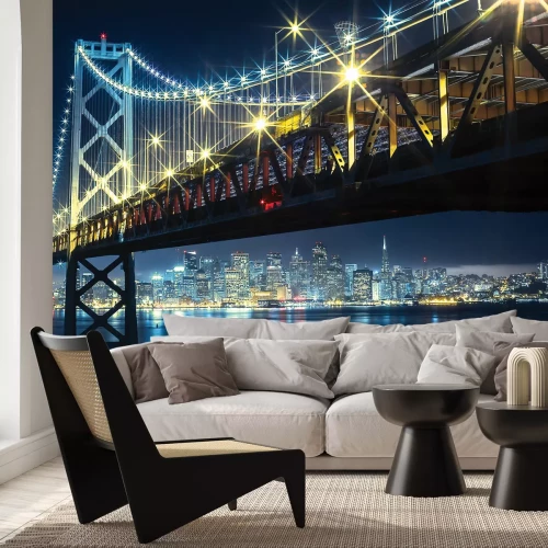 Papier peint  Paysage nocturne avec vue sur le pont et bâtiments illuminés