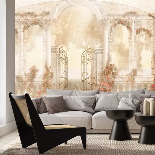 Papier peint  Porte et colonnes architecture fleurs rouges fond texturé