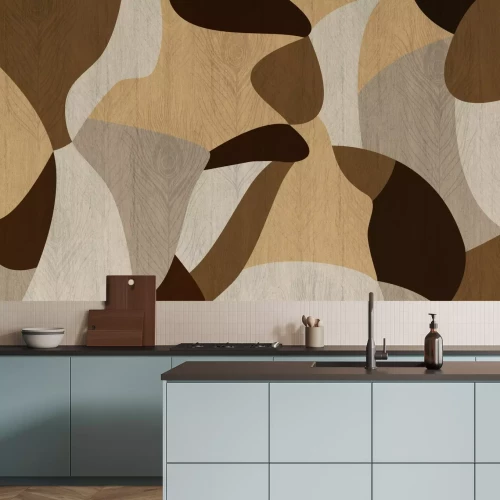 Papier peint  Plumes de paon sur fond en bois abstrait formes géométriques