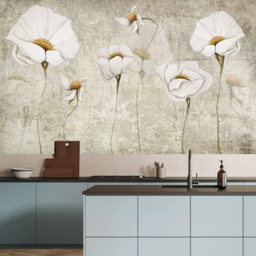 Papier peint  Fleurs blanches croquis sur fond béton décoration moderne