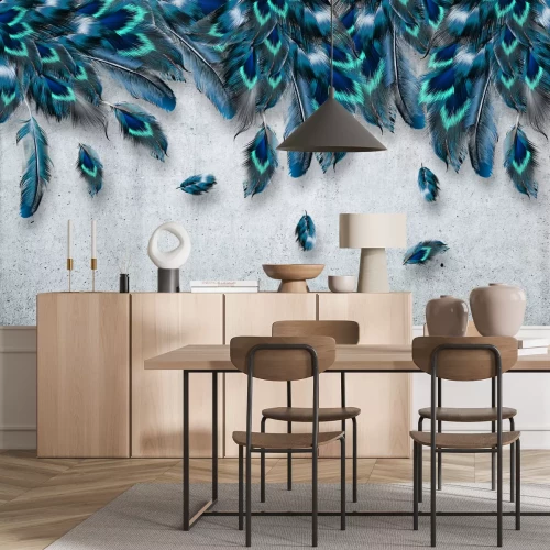 Papier peint  Plumes bleues sur fond béton gris style loft industriel