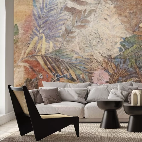 Papier peint  Feuilles et fleurs tropicales aux couleurs d’automne