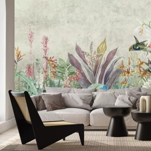 Papier peint  Feuilles tropicales colorées avec des oiseaux