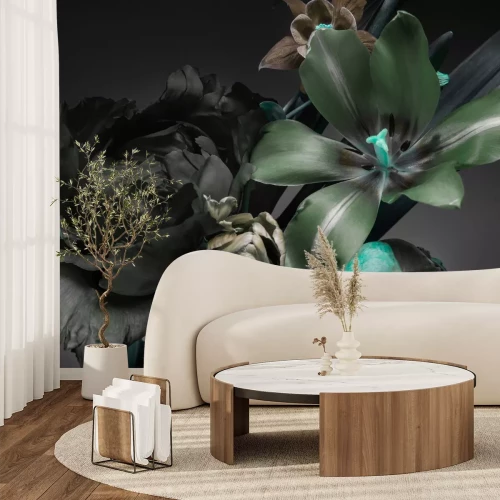 Papier peint  Lys et pivoines fleurs sur fond sombre