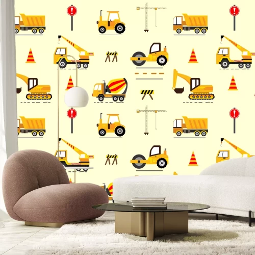 Papier peint  Voitures jaunes, pelleteuse, grue motif enfant