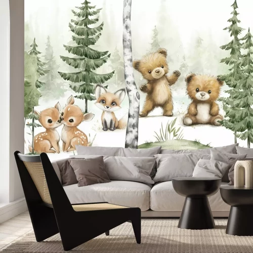 Papier peint  Paysage forestier avec des oursons