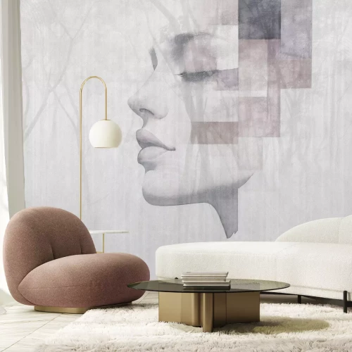 Papier peint  Portrait aquarelle d'une femme avec un paysage forestier d'arbres en arrière-plan