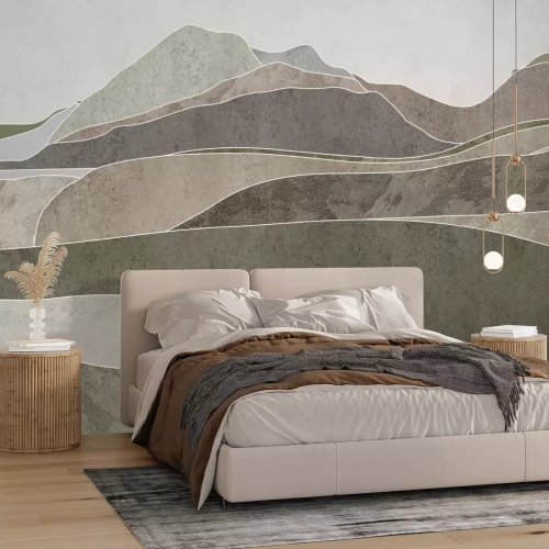 Papier peint  Paysage de montagne minimaliste, motif abstrait dans des tons verts et beiges