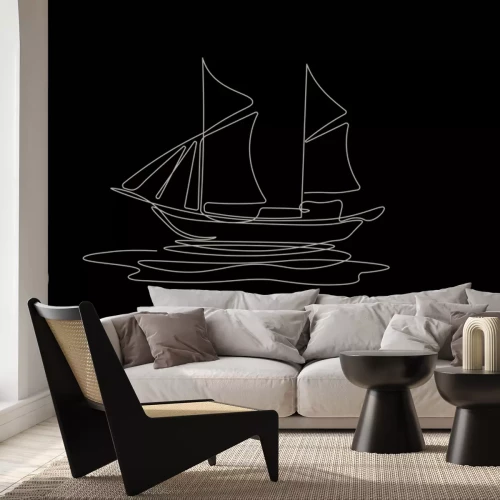 Papier peint  Dessin minimaliste d'un voilier sur fond blanc