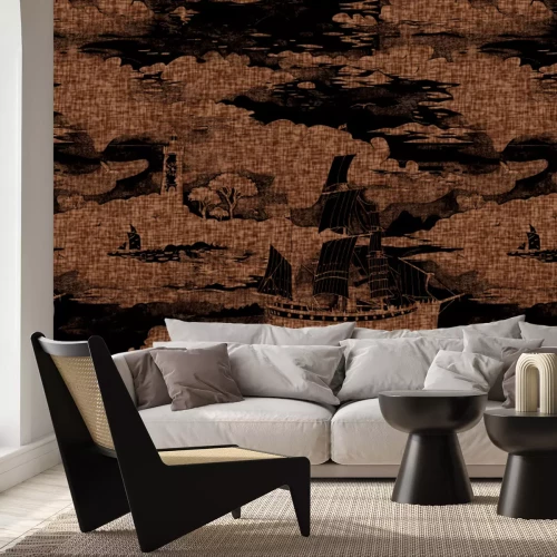 Papier peint  Paysage moderne avec des silhouettes de phares et de voiliers