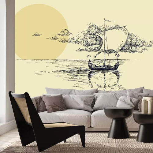 Papier peint  Croquis d'un voilier sur la mer au coucher du soleil