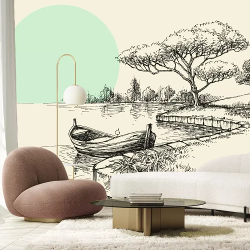 Papier peint  Dessin d'un bateau sur fond de forêt et de soleil