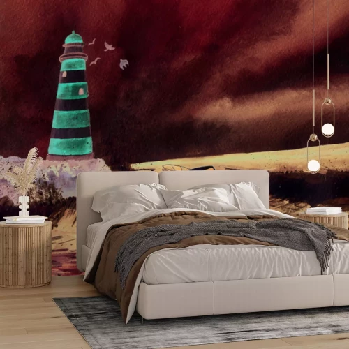 Papier peint  Bateau sur de grosses vagues avec un phare