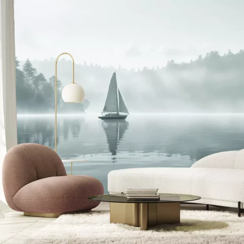 Papier peint  Voilier sur fond d'une forêt grise et brumeuse