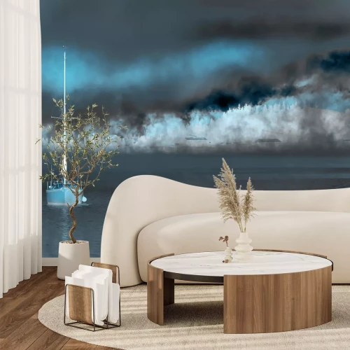 Papier peint  Voilier naviguant sur le fond d'une forêt brumeuse