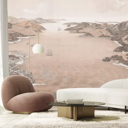 Papier peint  Ville pittoresque avec un horizon montagneux au bord de la mer