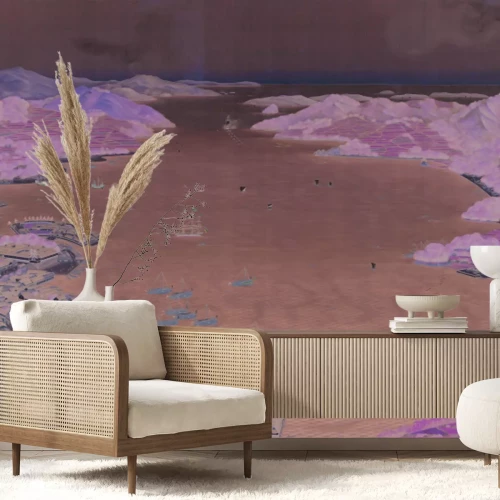 Papier peint  Ville côtière pittoresque avec des montagnes en arrière-plan