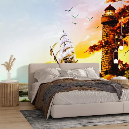 Papier peint  Navire en mer naviguant près d'un phare