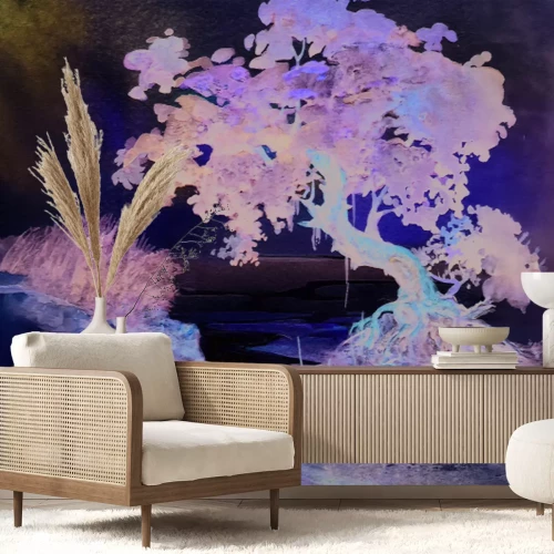 Papier peint  Motif aquarelle avec un arbre sur fond de mer