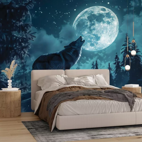 Papier peint  Loup sur le versant de la montagne parmi les arbres et la pleine lune