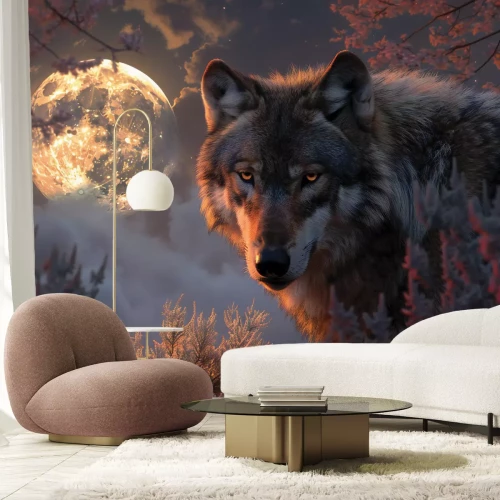 Papier peint  Loup parmi la végétation sur fond de pleine lune