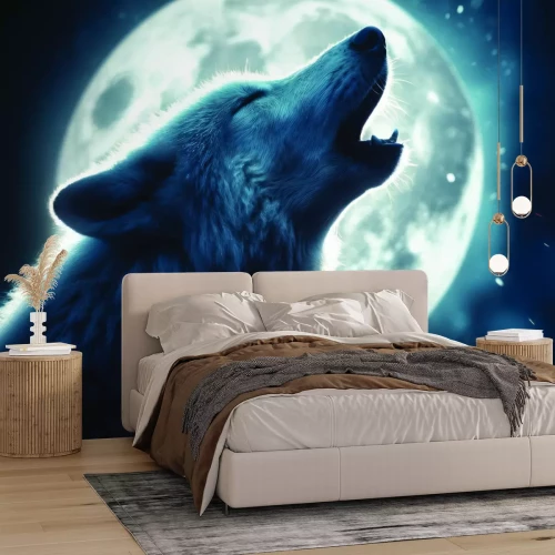 Papier peint  Loup de nuit hurlant sous la lune brillante
