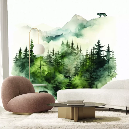 Papier peint  Paysage de collines avec des arbres et des loups
