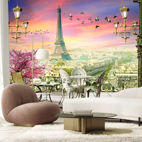 Papier peint  Terrasse élégante avec des fleurs sur fond de panorama de Paris