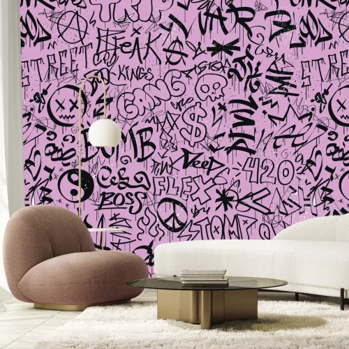 Papier peint  Écritures en style graffiti sur un mur rose