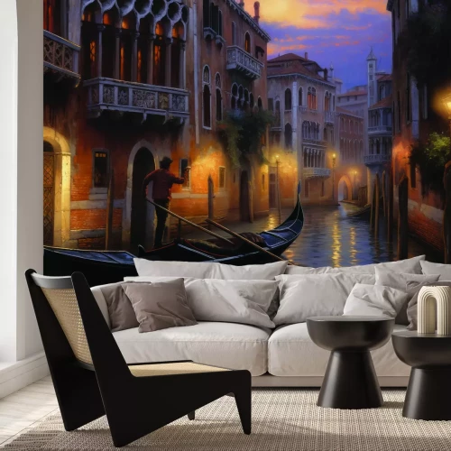 Papier peint  Panorama nocturne de Venise avec un gondolier
