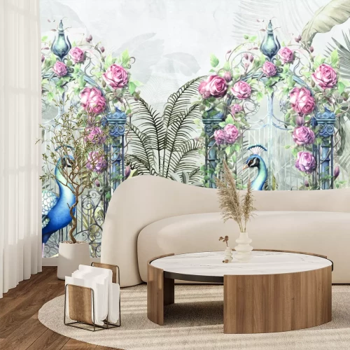 Papier peint  Jardin botanique avec des roses et des paons