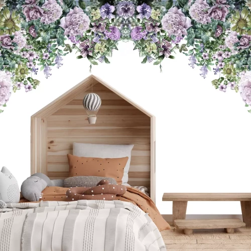 Papier peint  Fleurs roses suspendues sur fond blanc