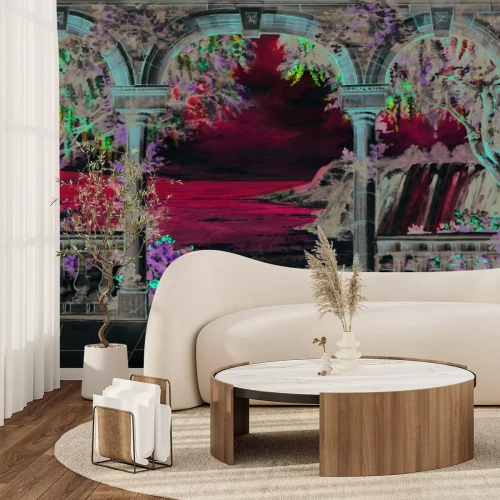 Papier peint  Terrasse avec arches parmi la végétation et la mer