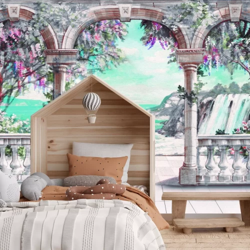 Papier peint  Terrasse avec arches parmi la végétation et la mer