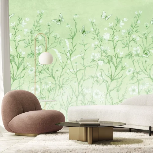 Papier peint  Prairie sauvage avec fleurs et papillons dans la verdure