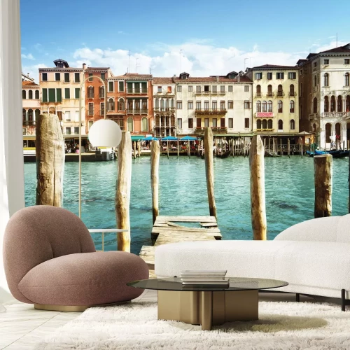 Papier peint  Vue depuis le pont sur l'eau et les maisons