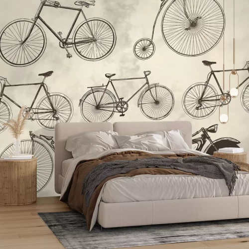 Papier peint  Vélos rétro et moto sur fond gris