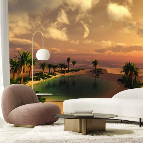 Papier peint  Désert tropical avec palmiers et eau