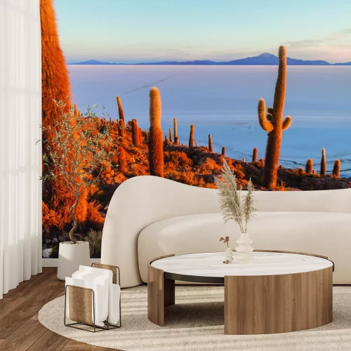 Papier peint  Cactus dans le désert sur fond de montagnes