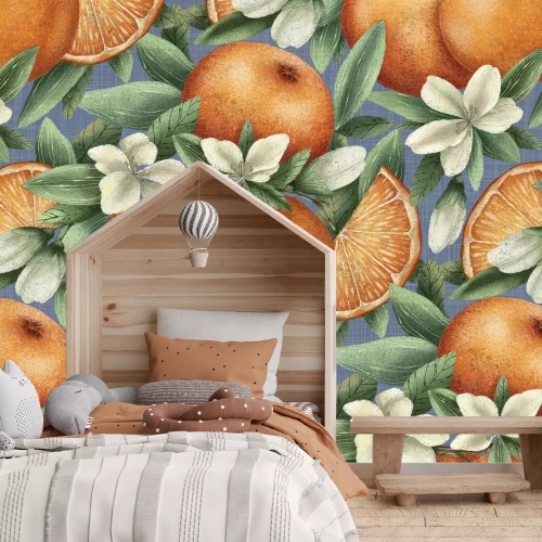 Papier peint  Oranges juteuses parmi les feuilles