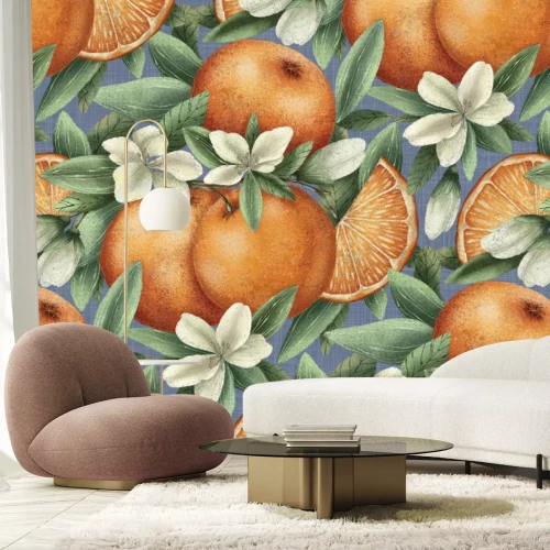 Papier peint  Oranges juteuses parmi les feuilles