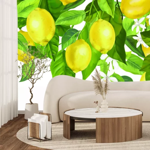 Papier peint  Citrons sur un arbre feuillu avec des fleurs