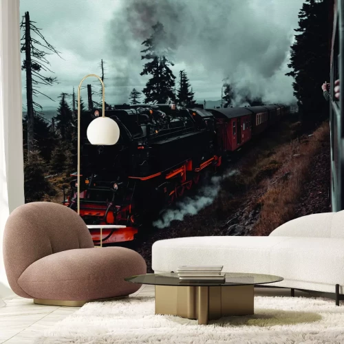 Papier peint  Locomotive sur les rails au milieu de la forêt