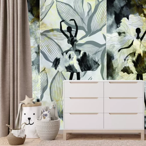 Papier peint  Femme ballerine sur fond de feuilles