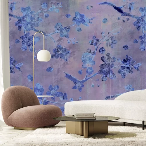 Papier peint  Béton gris avec des fleurs dorées