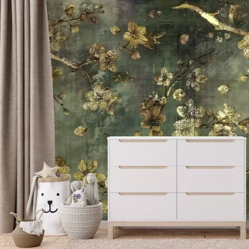 Papier peint  Béton gris avec des fleurs dorées